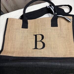 Burlap‎ Jute Tote Bag with Embroidered 'B' Initial & Ribbon Detail matching mini